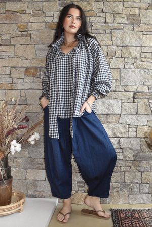 Nonni Gingham Poet Blouse Navy